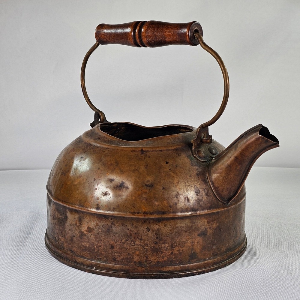 Antique Copper Tea Kettle Wood Handle Primitive Farmhouse Decor Rustic Patina